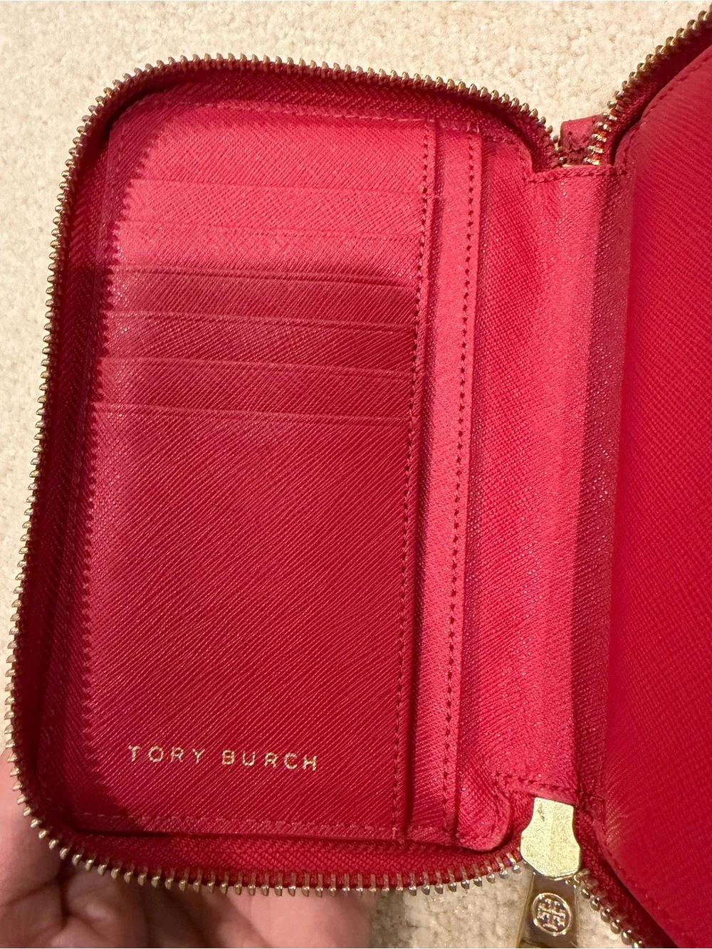 Tory Burch Cherry Red Zip-Around Wallet with Gold Logo